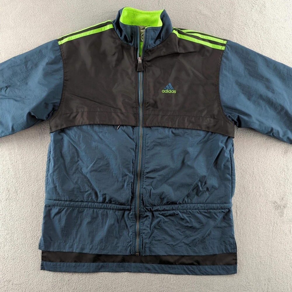 Adidas Jacket Mens Small Blue‎ Black Neon Green Fleece Lined Nylon Windbreaker